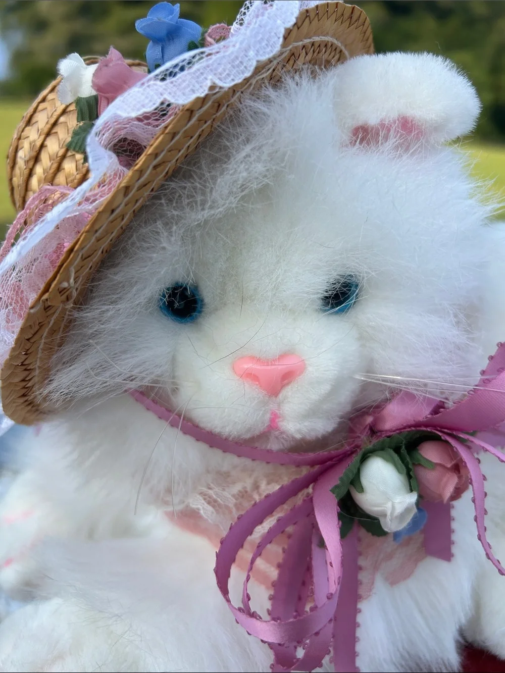 White Plush Cat Toy with Pink Ribbon and Floral Hat